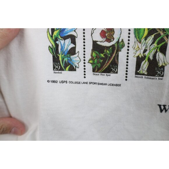 Vtg 90s Streetwear Womens XL Distressed USPS Postage Stamps Flower T-Shirt USA - Picture 10 of 16